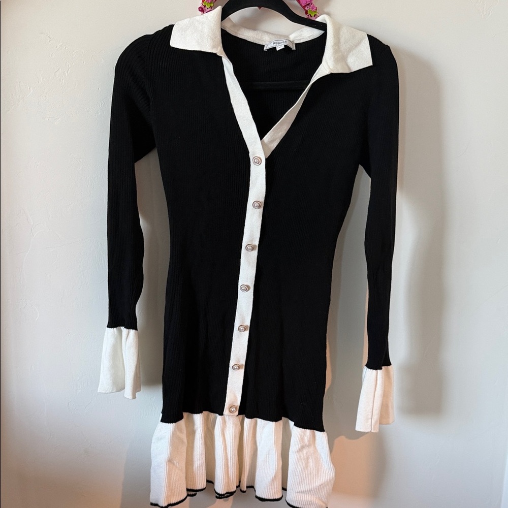 RIHOAS Black Knit Dress with White Collar & Ruffle Trim